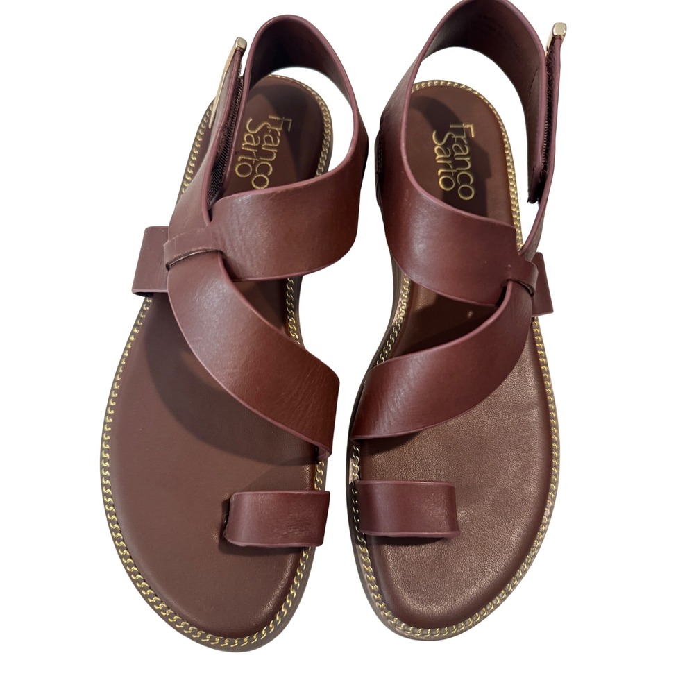 Franco Sarto Gess Burgundy Leather Toe Loop Slingback Sandals Gold Chain Trim 7M
